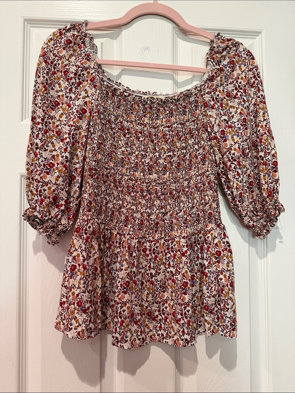 Max Studio White Floral Smocked Peasant Top with Red & Mustard Accents